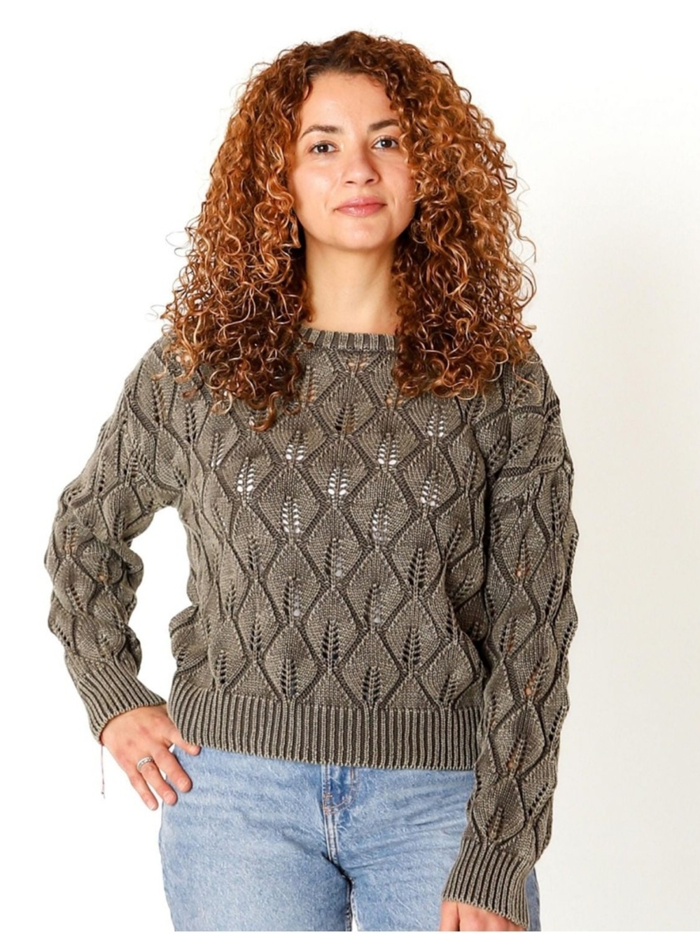 Open-Stitch Crewneck Sweater in Olive
